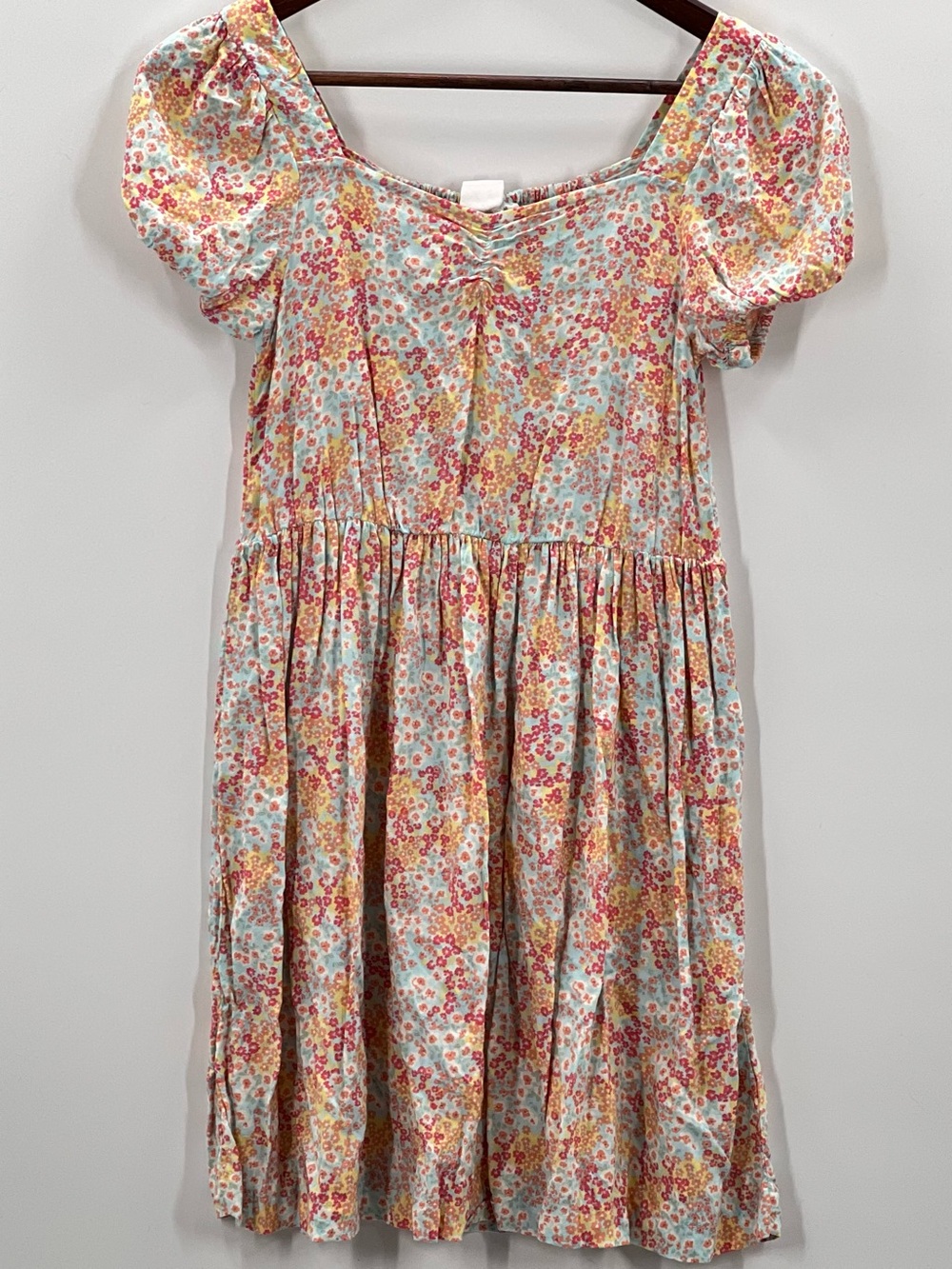 238 Roxy Floral Puff-Sleeve girls Dress - Pink & Yellow 10/12